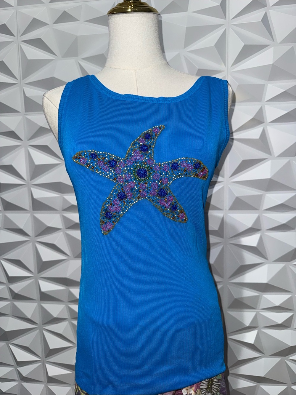 Vintage SweaterWorks Blue Sleeveless Tank with Beaded Starfish Detail sz S Beach